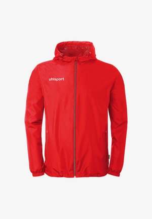 Giacca sportiva rossa con cappuccio, cerniera frontale completa, polsini elastici, tasche laterali con cerniera e logo bianco "uhlsport" sul petto.