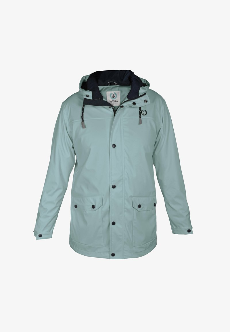 Light green waterproof jacket with a hood, black accents, snap buttons, two front pockets, and drawstring detail at the neck.