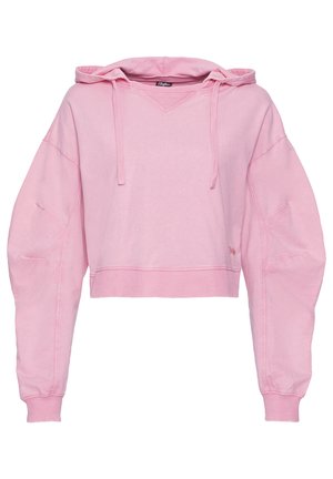 Zusammengeschnittenes rosa Hoodie mit V-Ausschnitt, Kapuze mit Kordelzug und übergroßen Ärmeln. Hergestellt aus weichem Material mit gerippten Bündchen und einem kleinen Logo-Detail.