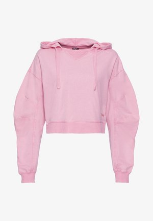 Zusammengeschnittenes rosa Hoodie mit V-Ausschnitt, Kapuze mit Kordelzug und übergroßen Ärmeln. Hergestellt aus weichem Material mit gerippten Bündchen und einem kleinen Logo-Detail.