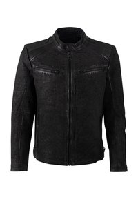 Giacca da moto in pelle nera con tasche con zip, colletto rialzato e dettagli texture sulle spalle. Finitura liscia e vestibilità sartoriale.