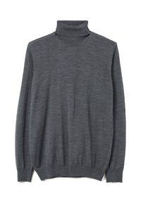 Maglione grigio a dolcevita realizzato in materiale morbido e leggero con collo e polsini a coste, caratterizzato da una vestibilità comoda e una texture liscia.