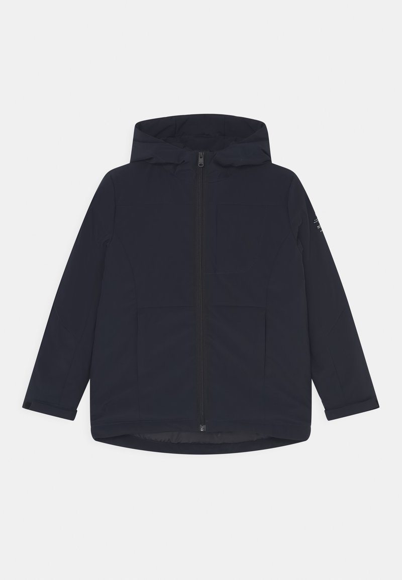 Mørkeblå hættejakke med lynlås foran, to lommer nederst, en lomme på brystet, lange ærmer og diskret logo på ærmet.