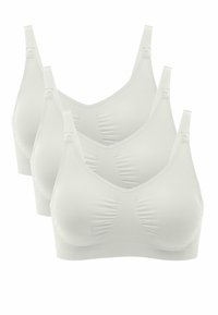 Drei weiße, nahtlose BHs mit V-Ausschnitt, verstellbaren Trägern und gerafften Details auf der Vorderseite für zusätzlichen Komfort.