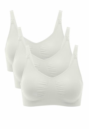 Drei weiße, nahtlose BHs mit V-Ausschnitt, verstellbaren Trägern und gerafften Details auf der Vorderseite für zusätzlichen Komfort.