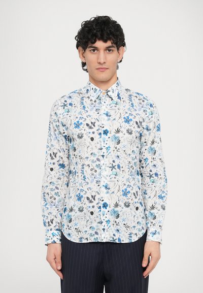 Floral long-sleeve shirt featuring blue and gray patterns on a white background. Button-down collar and curved hem. Smooth fabric.