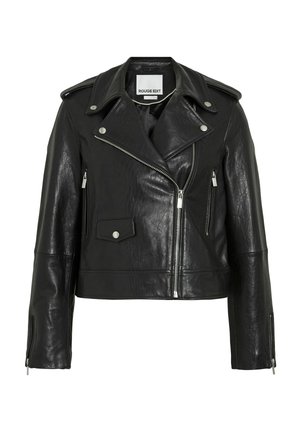 Veste de moto en cuir noir avec des éléments argentés, fermeture éclair devant, poches latérales et col asymétrique. Finition texturée.