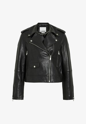 Čierna kožená motocyklová bunda so striebornými kovaniami, predný zips, bočné vrecká a asymetrický golier. Textúrovaný povrch.
