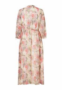 Lange, bloemenjurk van zacht, lichtgewicht materiaal met een pastelkleurig aquarelpatroon van roze en groen. Inclusief een getailleerde taille en knoopsluitingen bij de mouwen.