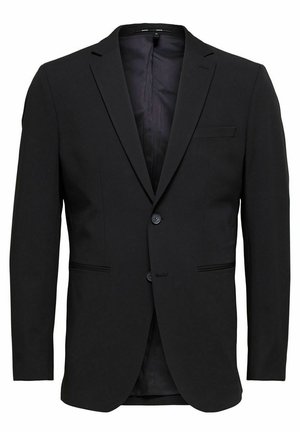 Črn blazer iz gladkega materiala, z razporkom, dvema gumboma in dvema sprednjima žepoma, z eleganetnim, po meri izdelanim krojem.