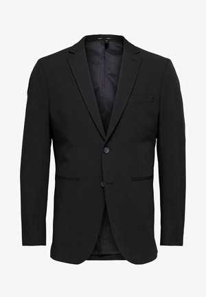 Sacou negru dintr-un material neted, cu rever în forma de V, două butoane și două buzunare frontale, având o croială elegantă și ajustată.