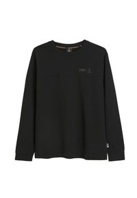 Czarna bluza z długim rękawem i okrągłym dekoltem, z poziomym szwem i małym logo z przodu, wykonana z miękkiej bawełnianej tkaniny.