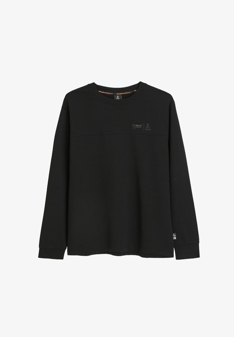 Czarna bluza z długim rękawem i okrągłym dekoltem, z poziomym szwem i małym logo z przodu, wykonana z miękkiej bawełnianej tkaniny.