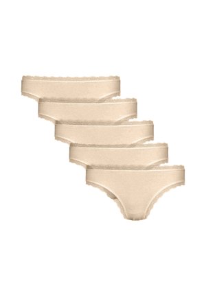 Cinq paires de culottes en beige à bordures en dentelle, mettant en avant un tissu doux et un design basse taille avec une texture subtile et des bords festonnés.