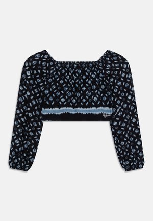 Schwarzes Cropped-Top mit langen Puffärmeln, das ein geometrisches Muster in Blau und Weiß aufweist, einen gerafften Ausschnitt hat und strukturierte Akzente am Saum bietet.
