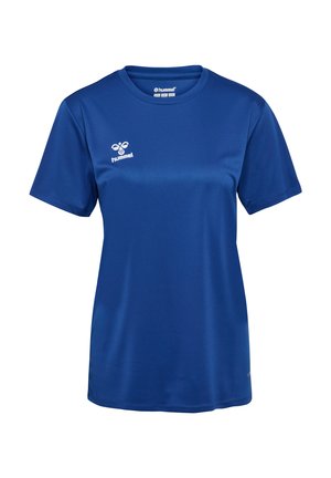 Blaues Sport-T-Shirt aus glattem Stoff, mit Rundhalsausschnitt, kurzen Ärmeln und kleinem weißen Logo auf der linken Brust.