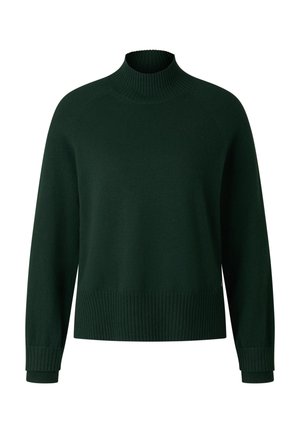 Dunkelgrüner Langarmpullover mit hohem Rippenkragen, gerippten Bündchen und geripptem Saum, auf weißem Hintergrund dargestellt.