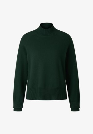 Donkergroene trui met lange mouwen en hoge ribbelkraag, ribbelmanchetten en ribbelzoom, weergegeven op een witte achtergrond.