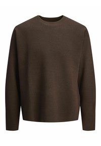 Pull marron à manches longues avec col rond, coupe simple et décontractée, et détails côtelés au niveau du col, des poignets et de l'ourlet.