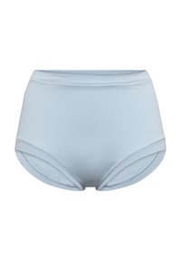 Lyseblå bomulds trusser med høj talje, der har en glat tekstur, elastisk linning og afrundede benåbninger.