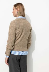 Gilet en tricot marron avec un motif texturé, superposé à une chemise rayée bleu clair et blanche, associé à un pantalon noir adapté.