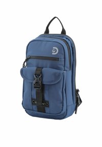 Zaino blu navy con esterno imbottito, multiple tasche con cerniera, una tasca frontale con chiusura a scatto e un manico di trasporto superiore.
