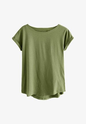 Zelena bombažna majica s krožnim izrezom, kratkimi zvitimi rokavi, sproščenim krojem in ukrivljenim robom za sproščen videz.