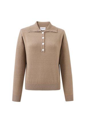 Beige gebreide trui met lange mouwen, kraag en knopenlijst met zes grote witte knopen. Zachte textuur en een getailleerd ontwerp.