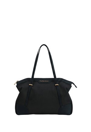 Borsa tote nera Gian Marco Venturi con due manici lunghi, forma rettangolare, cerniera dorata e logo del marchio dorato al centro davanti.
