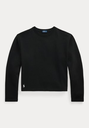 Fekete hosszú ujjú, kerek nyakú póló, alul balra kis fehér hímzett logóval és kék címkével a gallér belsejében.