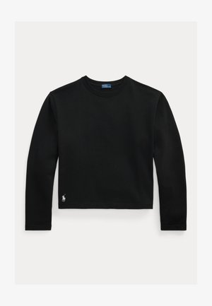 Fekete hosszú ujjú, kerek nyakú póló, alul balra kis fehér hímzett logóval és kék címkével a gallér belsejében.