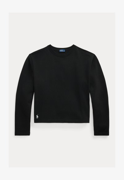 Fekete hosszú ujjú, kerek nyakú póló, alul balra kis fehér hímzett logóval és kék címkével a gallér belsejében.