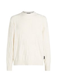 Cremfarbener Strickpullover mit einem strukturierten quadratischen Muster, rundem Ausschnitt und gerippten Bündchen. Etikett an der Seite.
