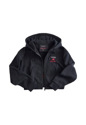 Zwarte zip-up hoodie met trekkoorden, voorzakken en rood geborduurd "GUESS"-logo met lippen en handtekening op de borst.
