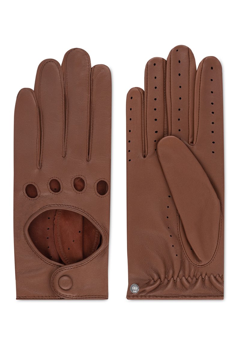 Guantes de cuero marrón con diseño sin dedos, perforaciones para transpirabilidad y una correa ajustable con cierre de botón.