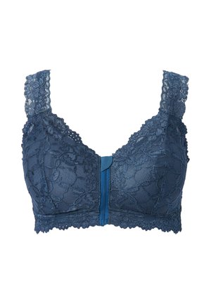 Dunkelblauer Spitzen-BH mit floralem Muster, breiten Spitzen-Trägern, Frontverschluss und strukturiertem Stoff am Unterrand.