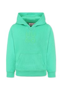 Mintgroene hoodie van zacht materiaal, met een kangoeroezak en een gestructureerd logo "HUGO" op de voorkant. Inclusief een capuchon met trekkoord.