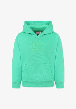 Haut à capuche vert menthe en matière douce, doté d'une poche kangourou et d'un logo texturé "HUGO" sur le devant. Comprend une capuche avec cordon de serrage.