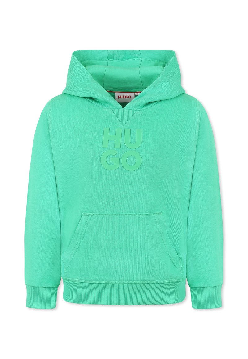 Mintgroene hoodie van zacht materiaal, met een kangoeroezak en een gestructureerd logo "HUGO" op de voorkant. Inclusief een capuchon met trekkoord.