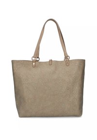 Beige totebag met een gladde textuur, voorzien van een subtiel logo patroon. Twee stevige schouderbanden en een boven sluiting voor veilige opslag.