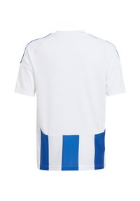 Witte sporttrui met korte mouwen, voorzien van blauwe accenten en verticale strepen op de onderrug, gemaakt van ademend meshmateriaal.