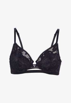 Reggiseno triangolare in pizzo nero con spalline regolabili, bordi ondulati e un piccolo dettaglio a forma di cuore in argento tra le coppe.