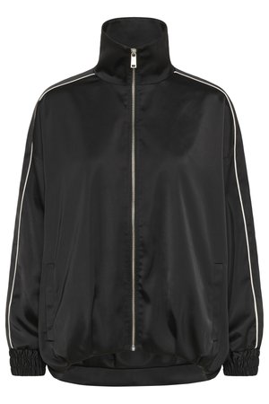 Black satin jacket with high collar, full zipper, and white side stripes. Features elastic cuff details and two side pockets.