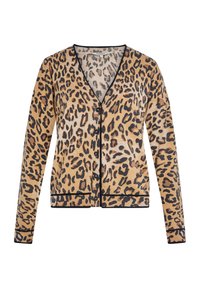 Luipaardprint cardigan met lange mouwen, V-hals, zwarte afwerking en knoopsluiting. Gemaakt van een lichtgewicht, zacht materiaal.