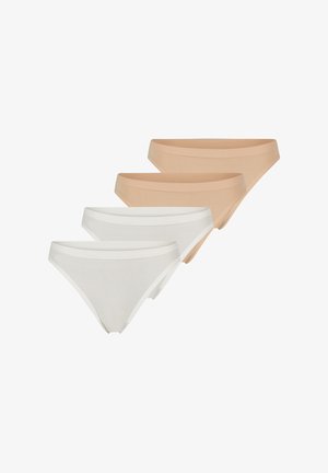 Cztery bezszwowe damskie majtki w stylu bikini w dwóch beżowych i dwóch białych kolorach, ułożone diagonalnie na białym tle.