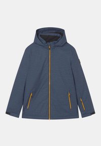 Blaue Kapuzenjacke mit orangefarbenen Reißverschlüssen an der Vorderseite und an den Ärmeln, zwei vorderen Reißverschlusstaschen und verstellbaren Bündchen.