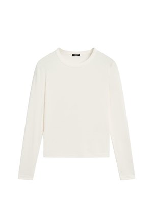 Maglia a maniche lunghe di colore avorio, realizzata in un morbido misto cotone. Presenta un colletto rotondo e una vestibilità dritta senza accenti distintivi.