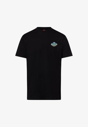 Zwarte katoenen T-shirt met een ronde hals, korte mouwen en een grafisch ontwerp in verschillende tinten blauw en wit op de borst.