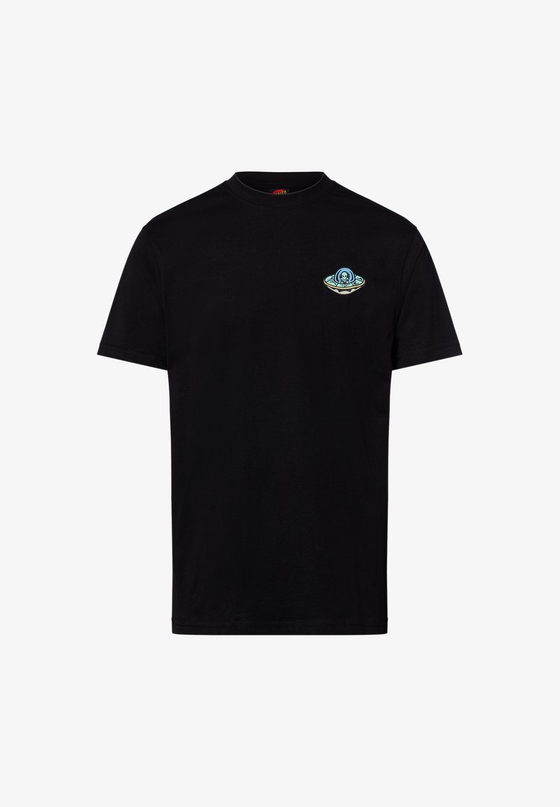 Schwarzes Baumwoll-T-Shirt mit Rundhalsausschnitt, kurzen Ärmeln und einem Grafikdesign in Blau- und Weißtönen auf der Brust.