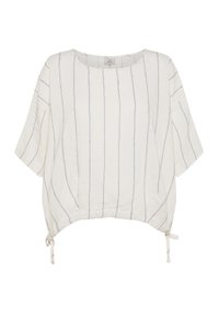 Linned top i off-white med smalle blå striber, løs pasform, korte ærmer, rund udskæring og justerbare snore i kanten.